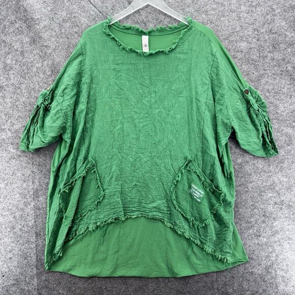 Linen Top Womens OS Green Italian Lagenlook Boho Roll Tab Sleeve Luxury Sporty - Picture 5 of 14